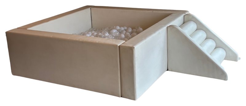 Soft square ball pit filled with clear balls, with soft mini steps
