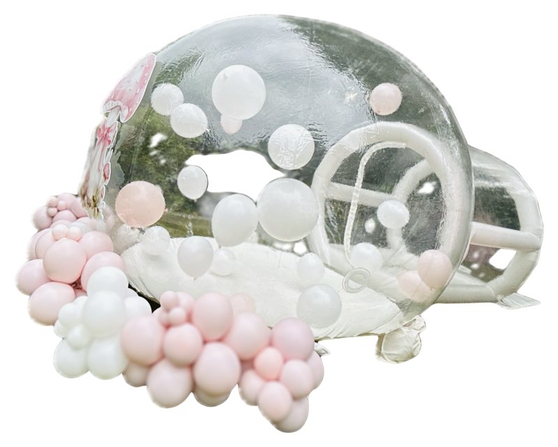 Clear Bubble House Dome filled with white and blush balloons, with a pink and white balloon garland