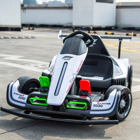 Large white electric racing go-kart, one of three on the Grand Prix Go-Kart Track